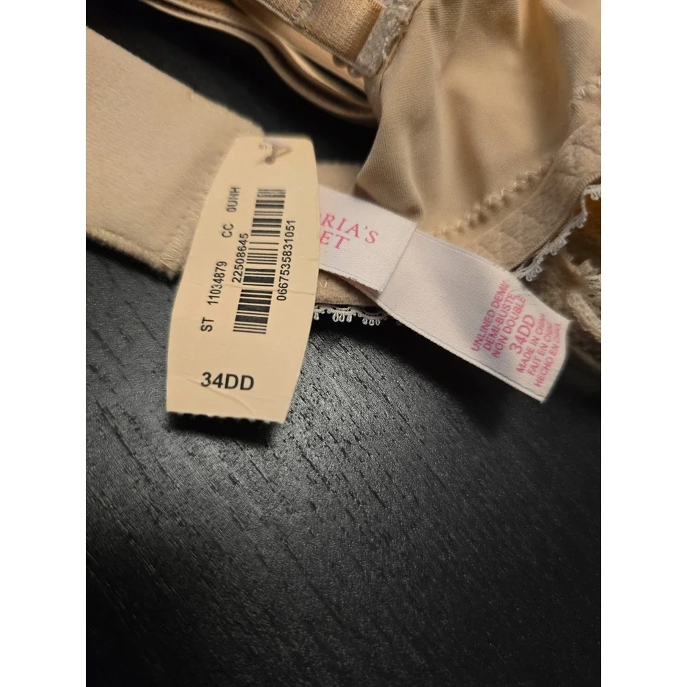 NOS 2014 Victorias Secret Women Unlined Demi Bra 34DD Nude Beige Lace Trim Comfy